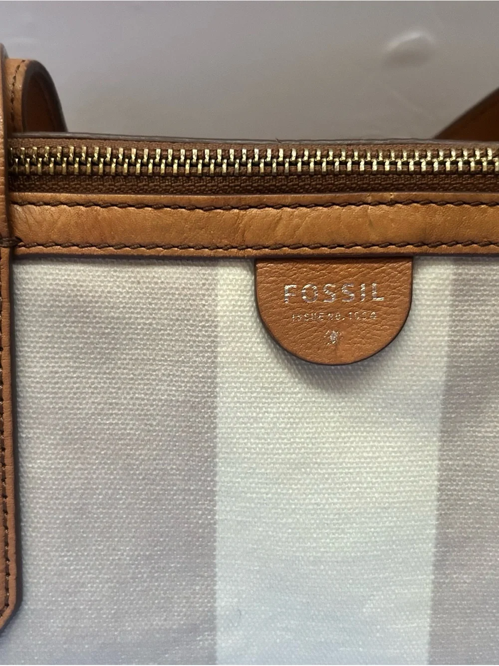 Fossil Cream and Light Gray Striped Canvas Tote with Tan Leather
